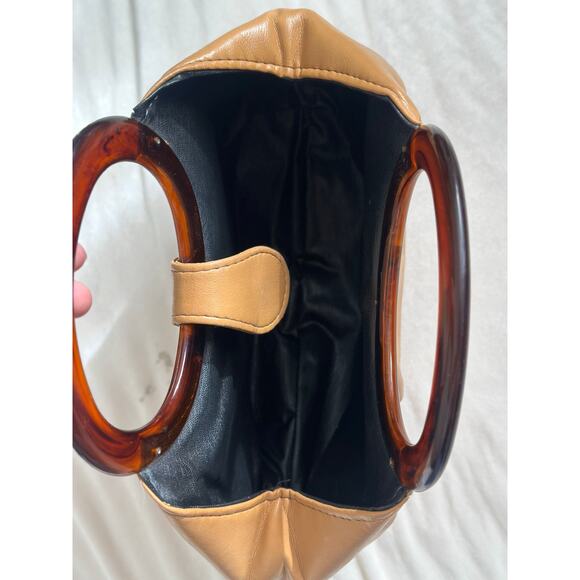 Vintage Tan Smooth Leather Stocko Clutch Purse Handbag Bakelite Lucite Handles - Picture 5 of 13